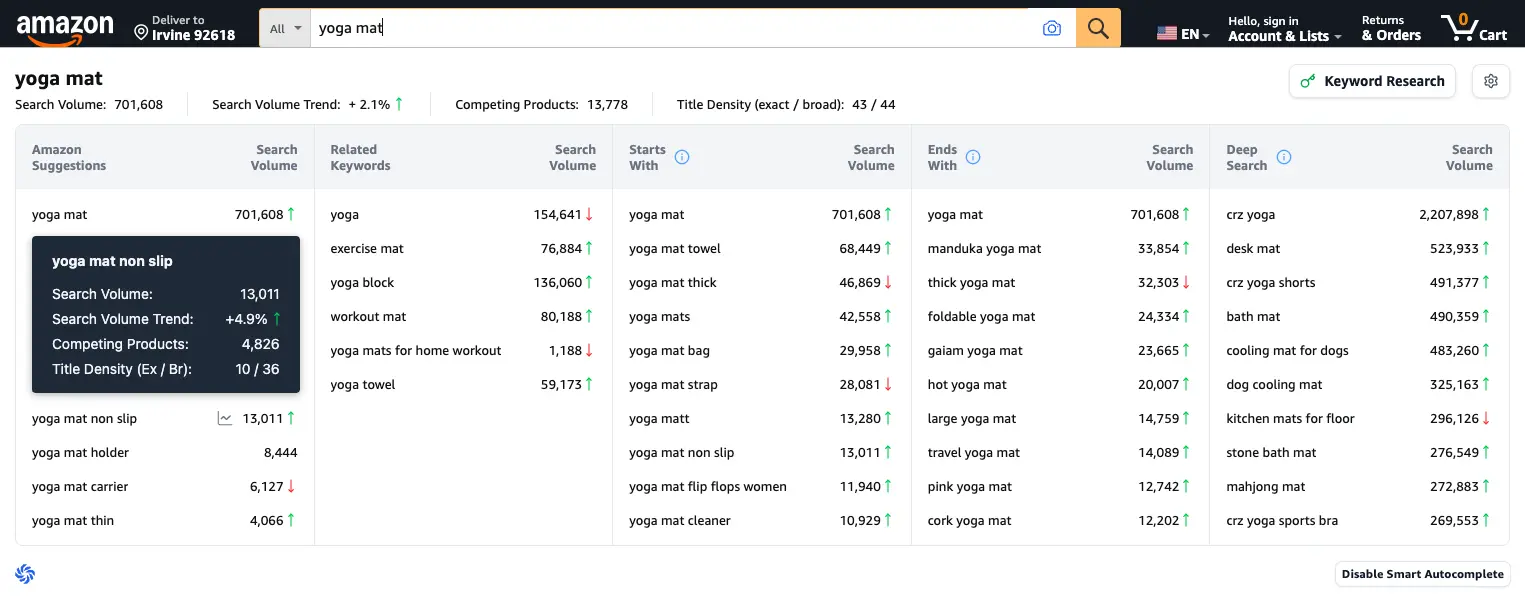 SoldScope Smart Autocomplete expanding Amazon search suggestions for 'yoga mat' with search volume, related keywords, starts with, ends with and deep search columns